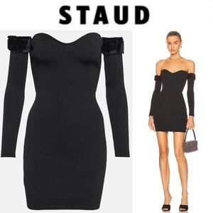 STAUD Josee faux fur-trimmed minidress in black sz L 295$ NWT